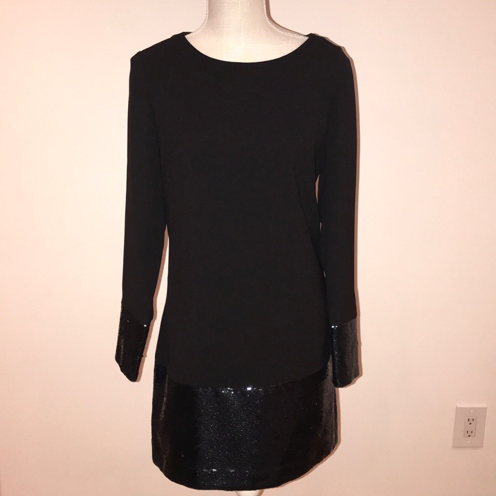Trina Turk sequin bottom and sleeve dress.